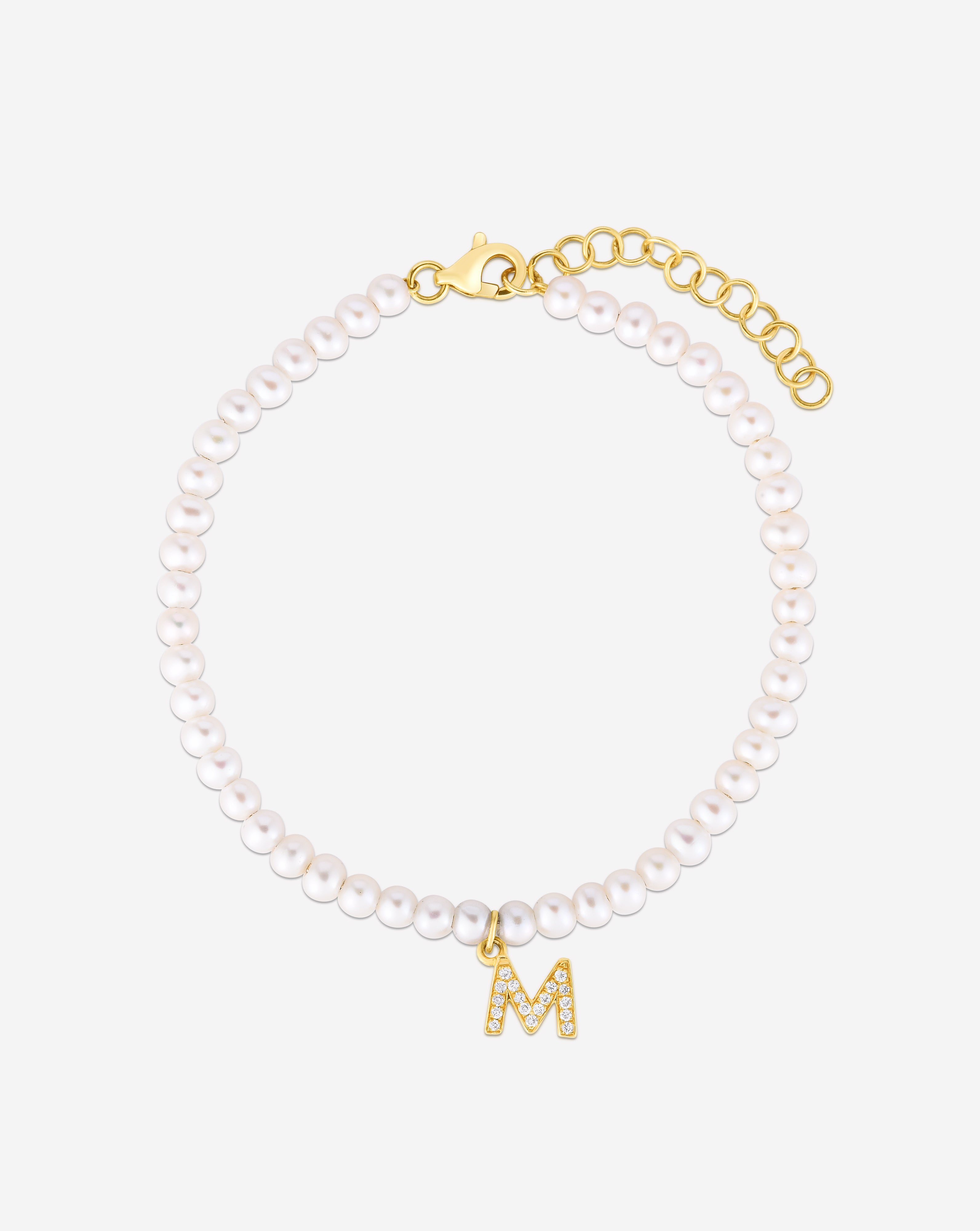  Diamond Encrusted Letter 3mm Pearl Initial Bracelet 