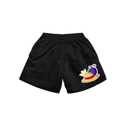 Cartoon Straw Hat Print Black Drawstring Full Print Sports Shorts
