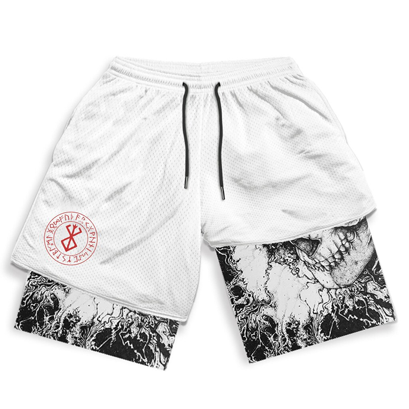 Black And White Line Print White Full Print Sports Shorts