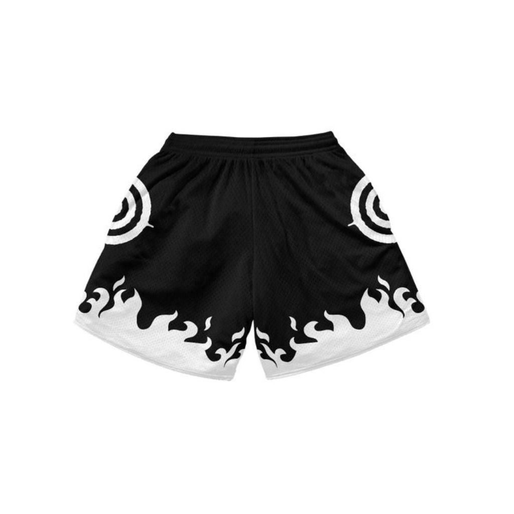 Flame Print Black Full Print Sports Shorts