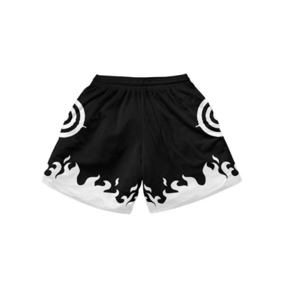 Flame Print Black Full Print Sports Shorts