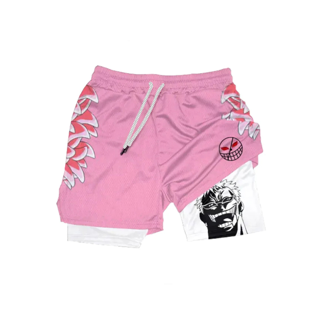 Bared Teeth Anime Character Print Pink And White Color Full Print Sports Shorts