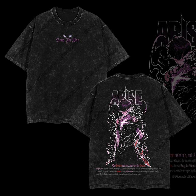 Sung Jin-Woo Solo Leveling AnimeDouble Printed Oversize Lightweight Acid Washed Tee-Limited Edition