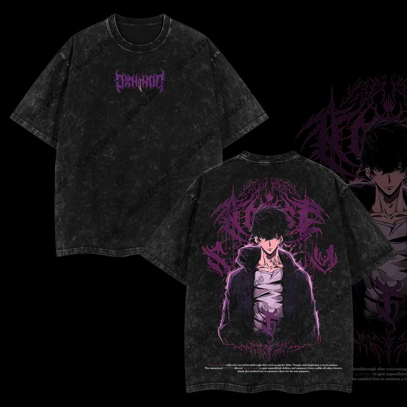 Sung Jin-Woo Solo Leveling AnimeDouble Printed Oversize Lightweight Acid Washed Tee-Limited Edition