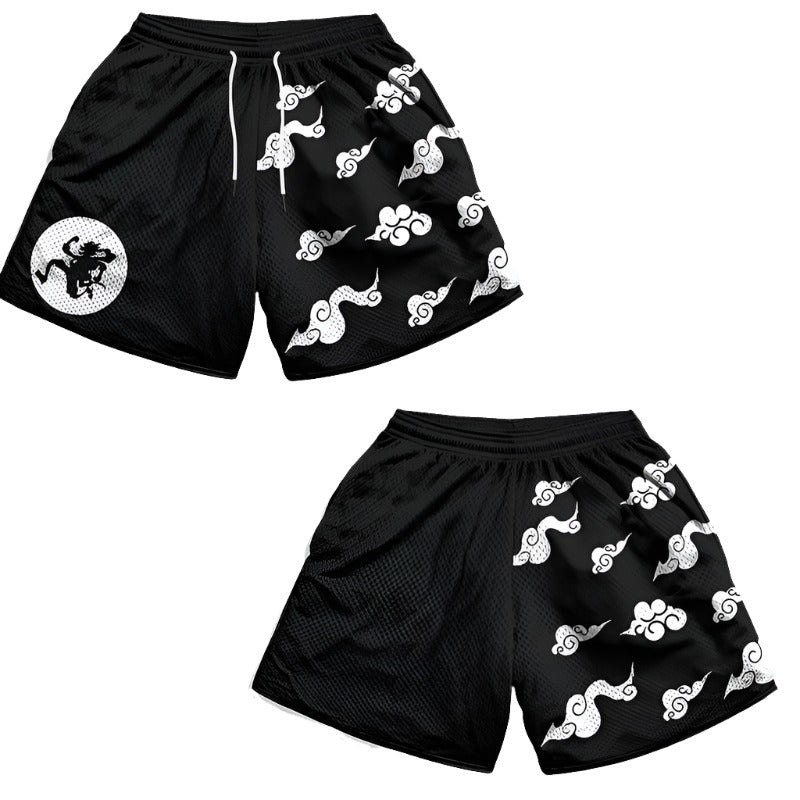 Anime Somersault Cloud Print Black Full Print Sports Shorts