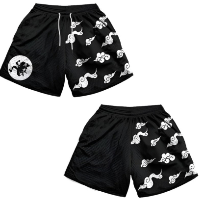 Anime Somersault Cloud Print Black Full Print Sports Shorts
