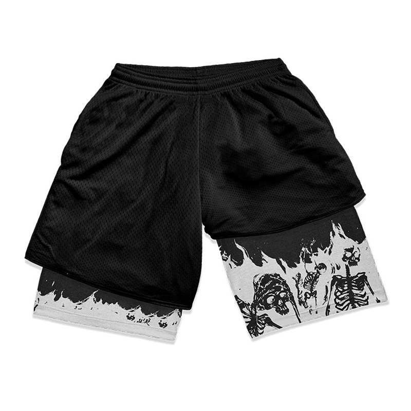 Dark Style Skeleton Man Print Black Full Print Sports Shorts