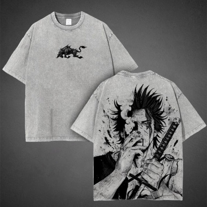 Yami Sukehiro x Black Bulls Black Clover Anime Double Printed Vintage Washed Tee Unisex T-shirt