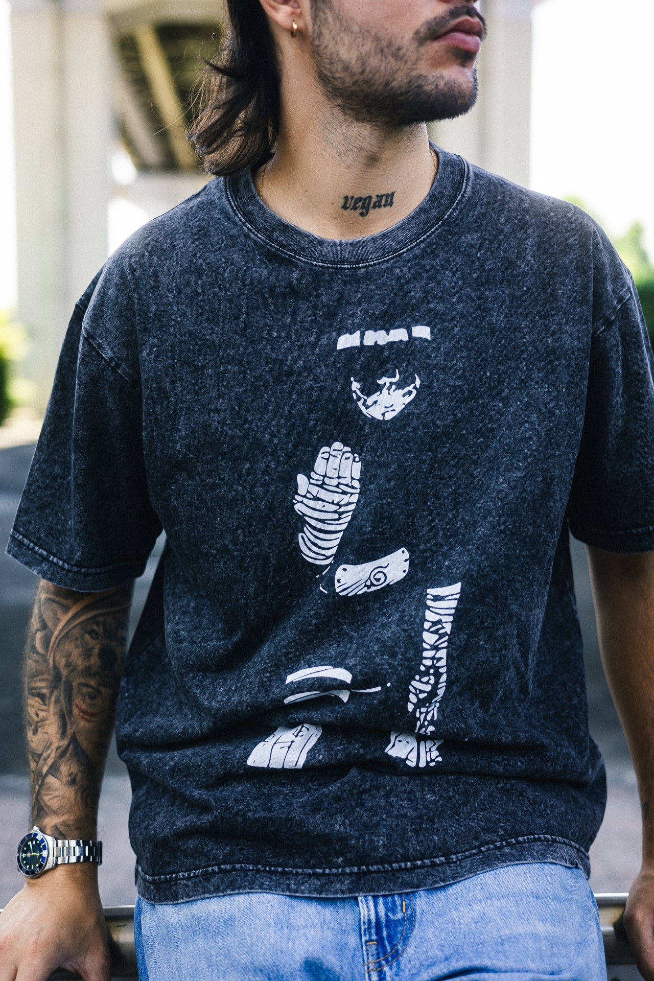 Old School Anime Distressed Print Washed Tee