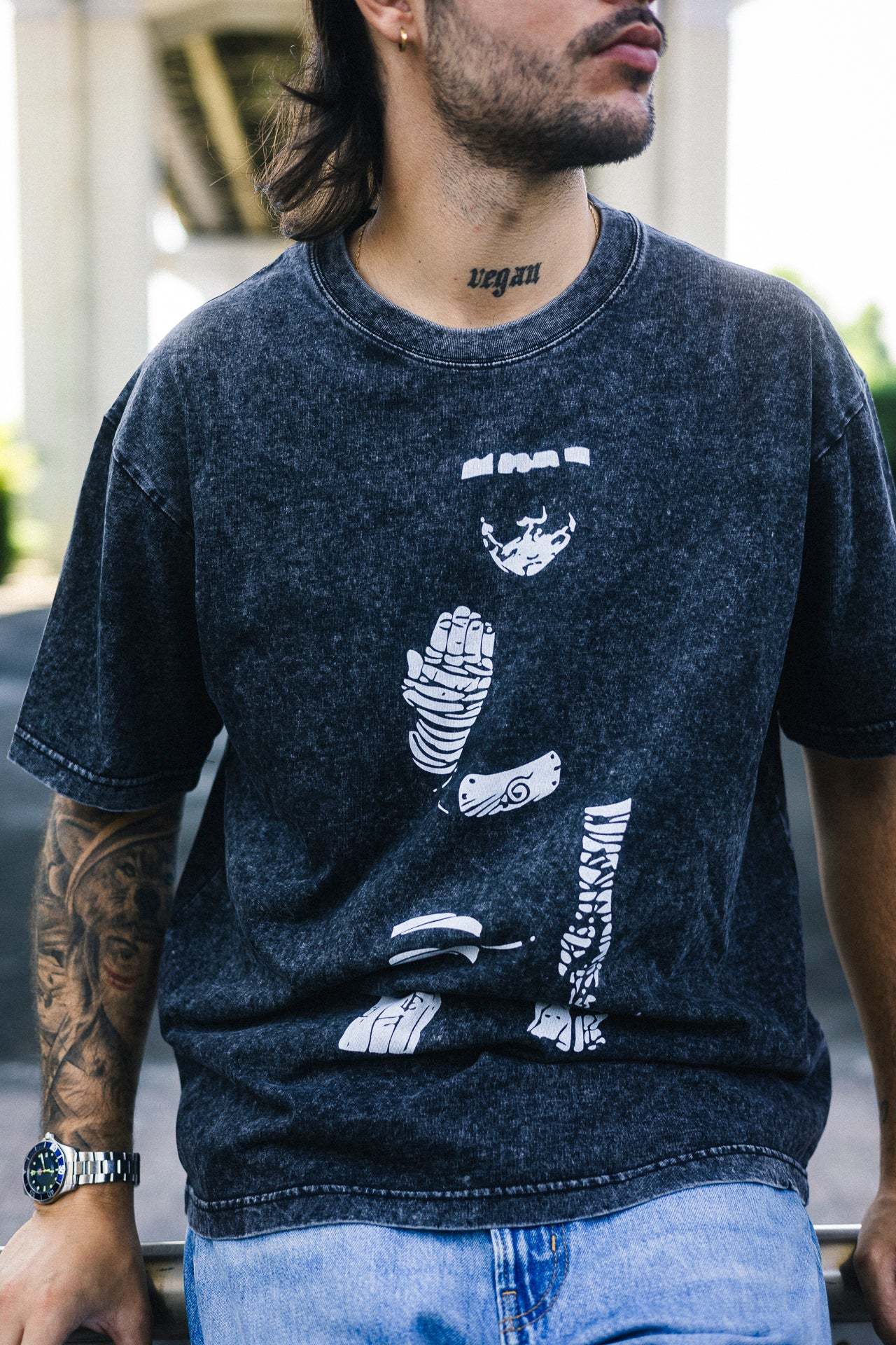 Old School Anime Distressed Print Washed Tee