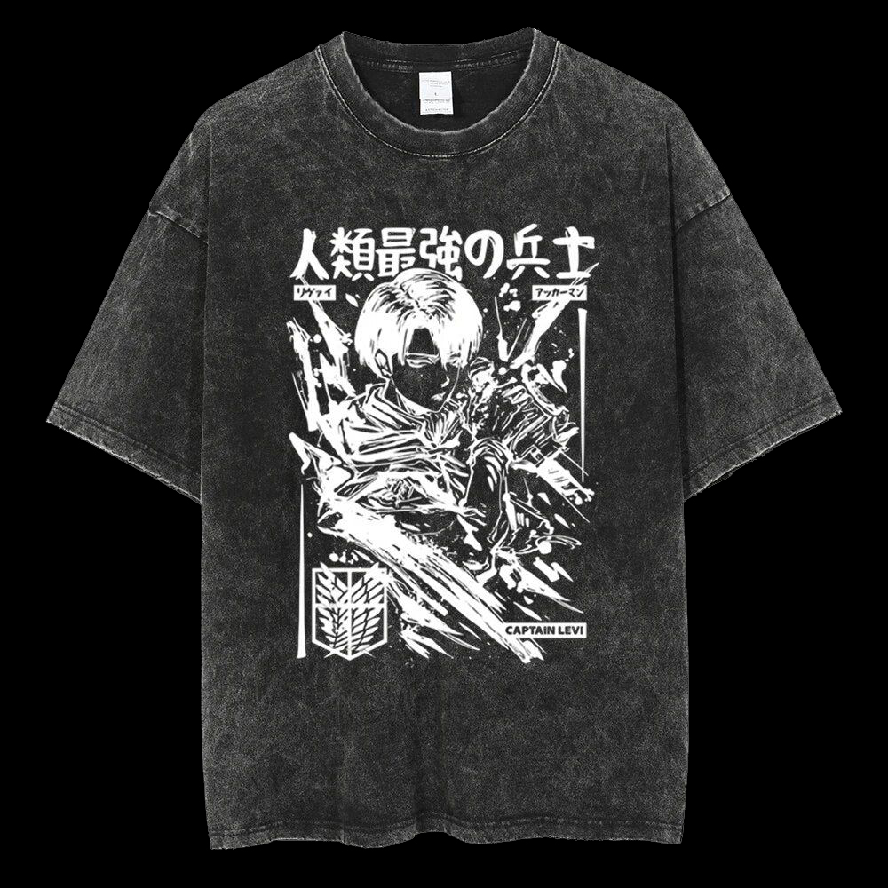 Anime "Attack on Titan" Character "Levi Ackerman" Printed Washed T-shirt