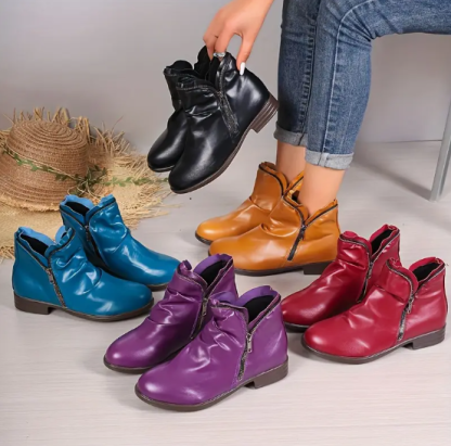 Women's Low Heel Round Toe Ankle Boots with Dual Zippers - Stylish Solid Color PU Cover Booties in Black, Blue, Orange, Purple & Red - Comfortable & Easy to Wear
