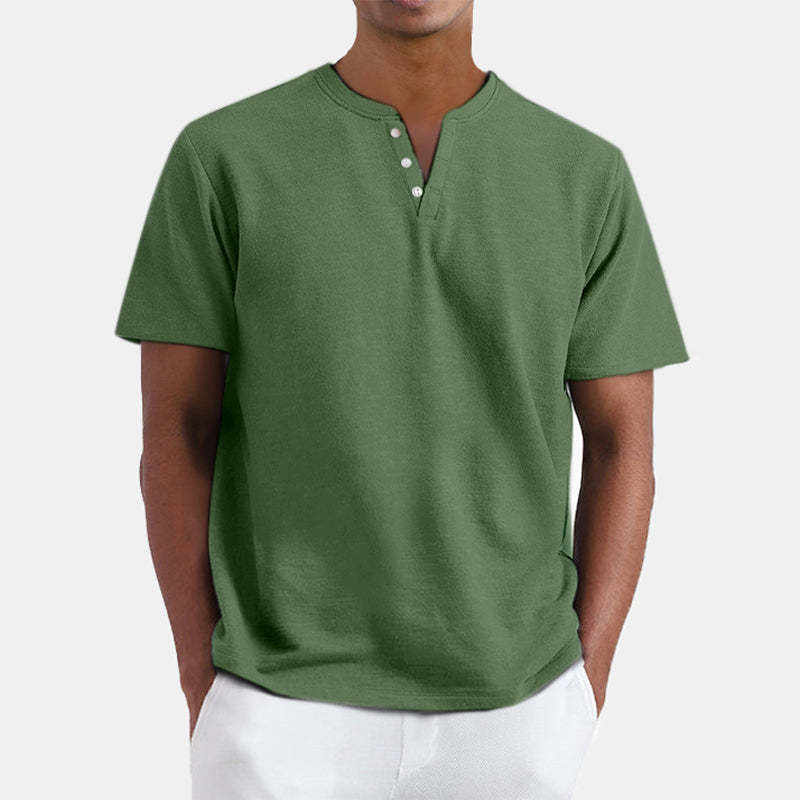 Men's Summer Solid Color Henley Short Sleeve T-shirt