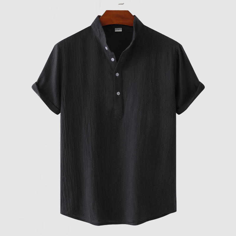 Men's Stand Collar Cotton Linen Short Sleeve Shirt