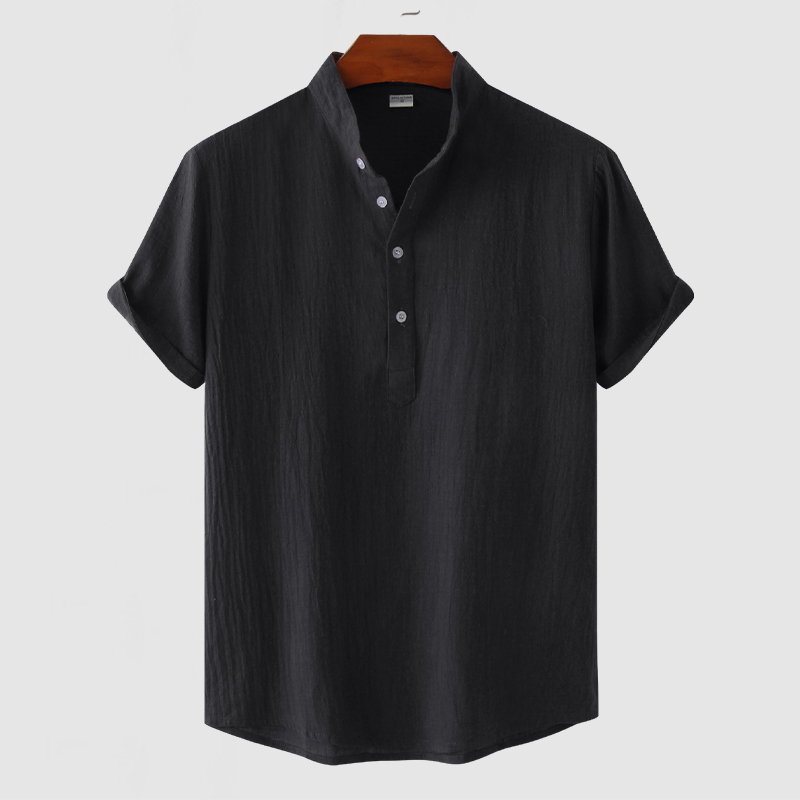 Men's Stand Collar Cotton Linen Short Sleeve Shirt