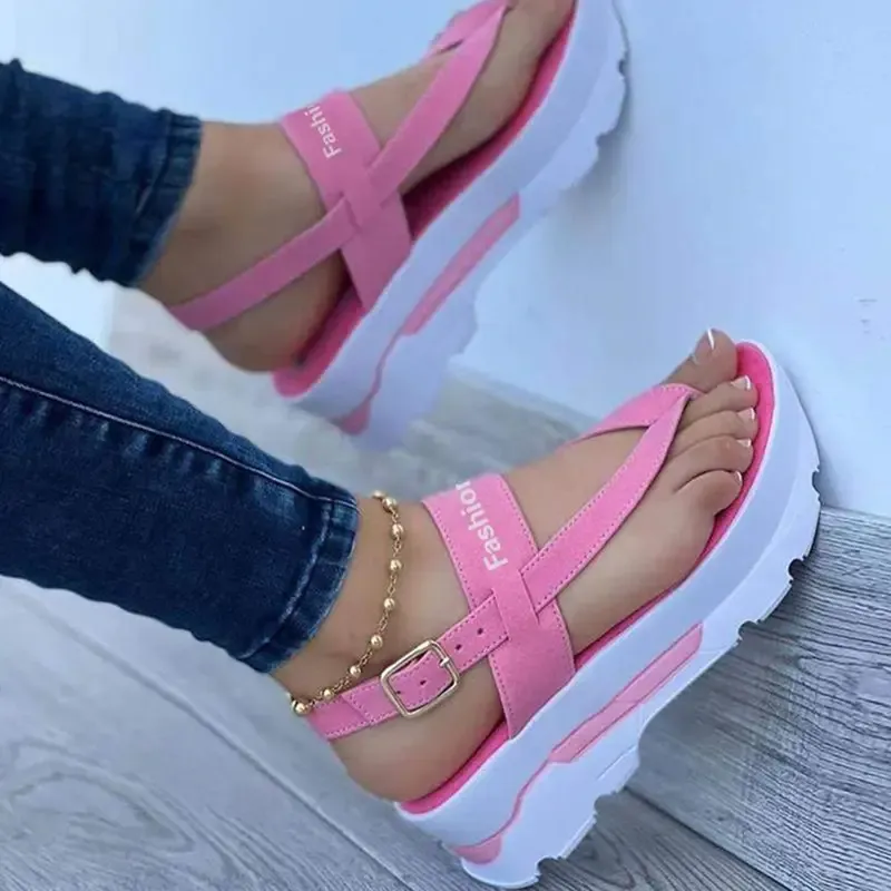 🔥Last Day Promotion 70% OFF🔥Women's Platform Thong Sandals - Solid Color Letter Buckle Strap Slingback Shoes - Outdoor Summer Sandals