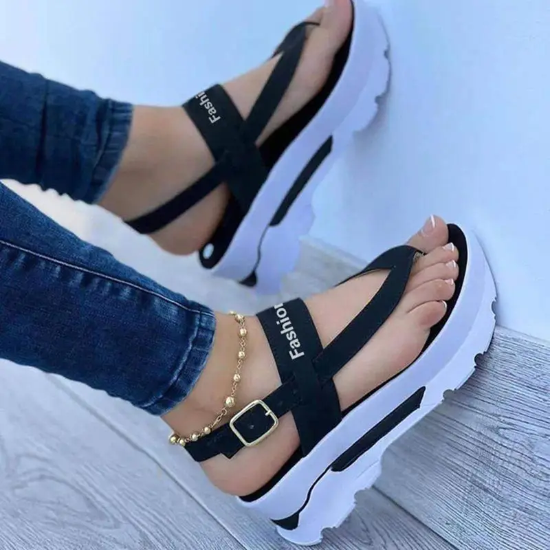 🔥Last Day Promotion 70% OFF🔥Women's Platform Thong Sandals - Solid Color Letter Buckle Strap Slingback Shoes - Outdoor Summer Sandals