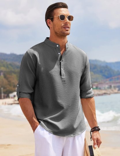 Men's Stand Collar Open Button Shirt Casual Shirt Tops