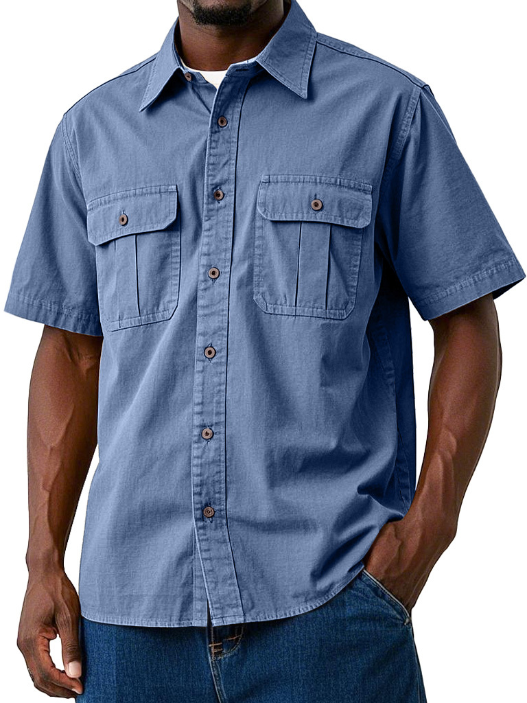 Men's Casual Workwear Double Pocket Solid Color Short-sleeved Shirt
