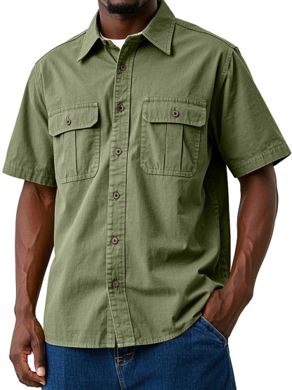 Men's Casual Workwear Double Pocket Solid Color Short-sleeved Shirt