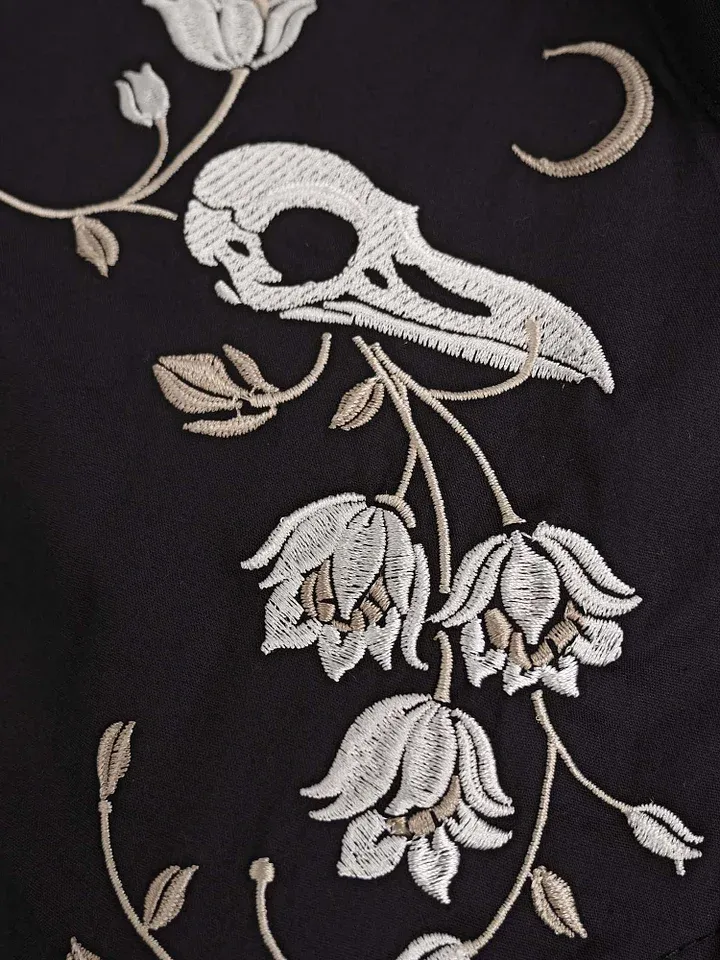 【Embroidery】Flower And Raven Skull - 100% Cotton Shirt