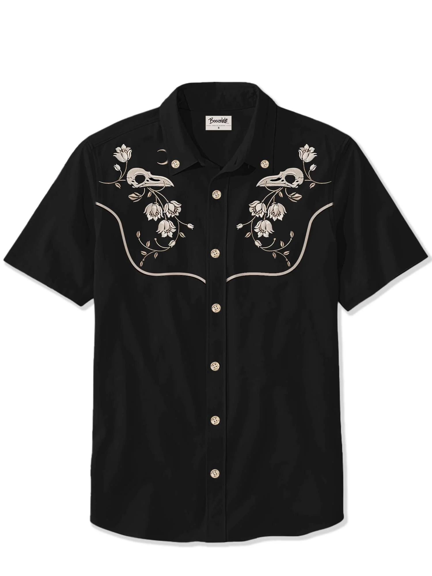 【Embroidery】Flower And Raven Skull - 100% Cotton Shirt