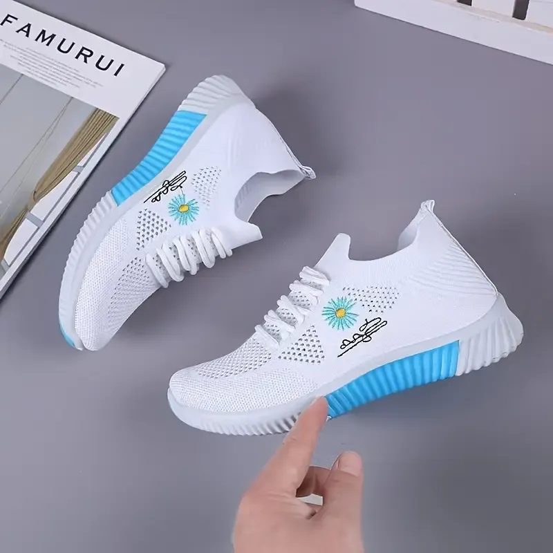 Breathable & Stylish Women's Running Shoes - Soft Sole, Lightweight, Mesh Upper with Floral Embroidery, Casual Outdoor Sports Footwear in White, Ladies Sneakers