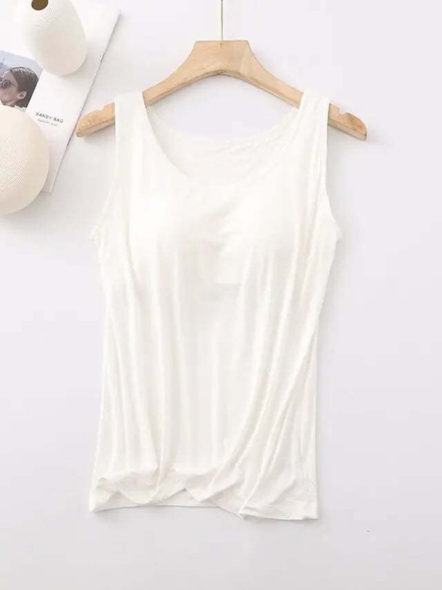Women's Tank Top with Built-In Bra, Sleeveless Casual Basic Round Neck Regular