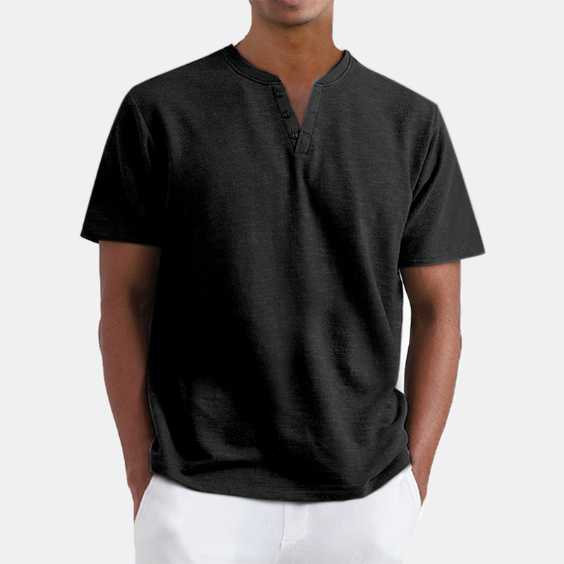 Men's Summer Solid Color Henley Short Sleeve T-shirt