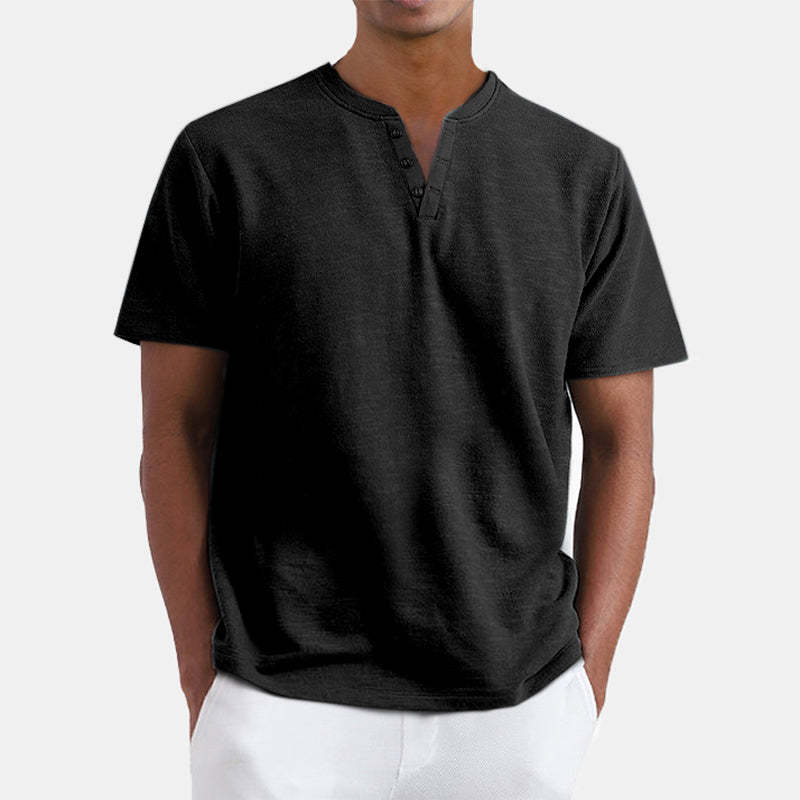Men's Summer Solid Color Henley Short Sleeve T-shirt