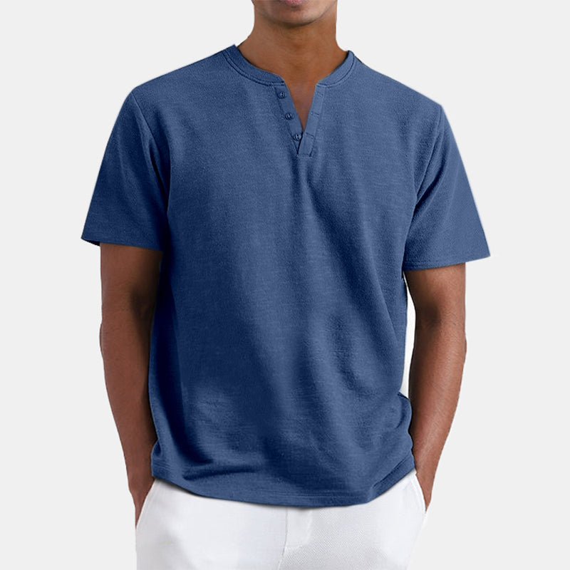 Men's Summer Solid Color Henley Short Sleeve T-shirt