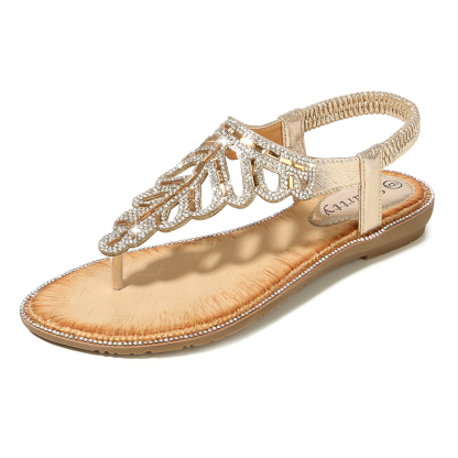 T-strap Leaf Rhinestone Flats Sandals