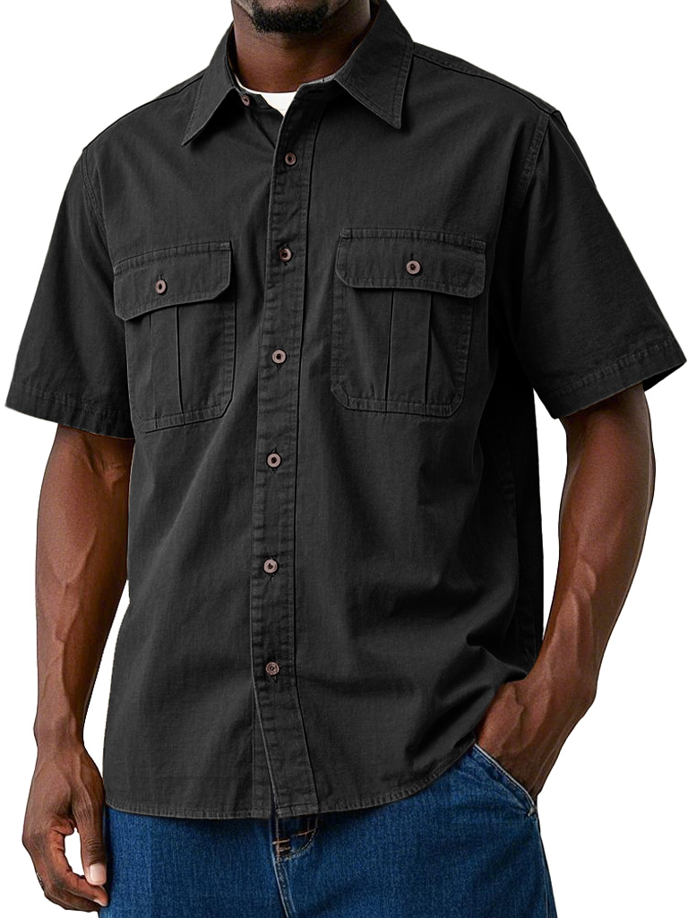 Men's Casual Workwear Double Pocket Solid Color Short-sleeved Shirt