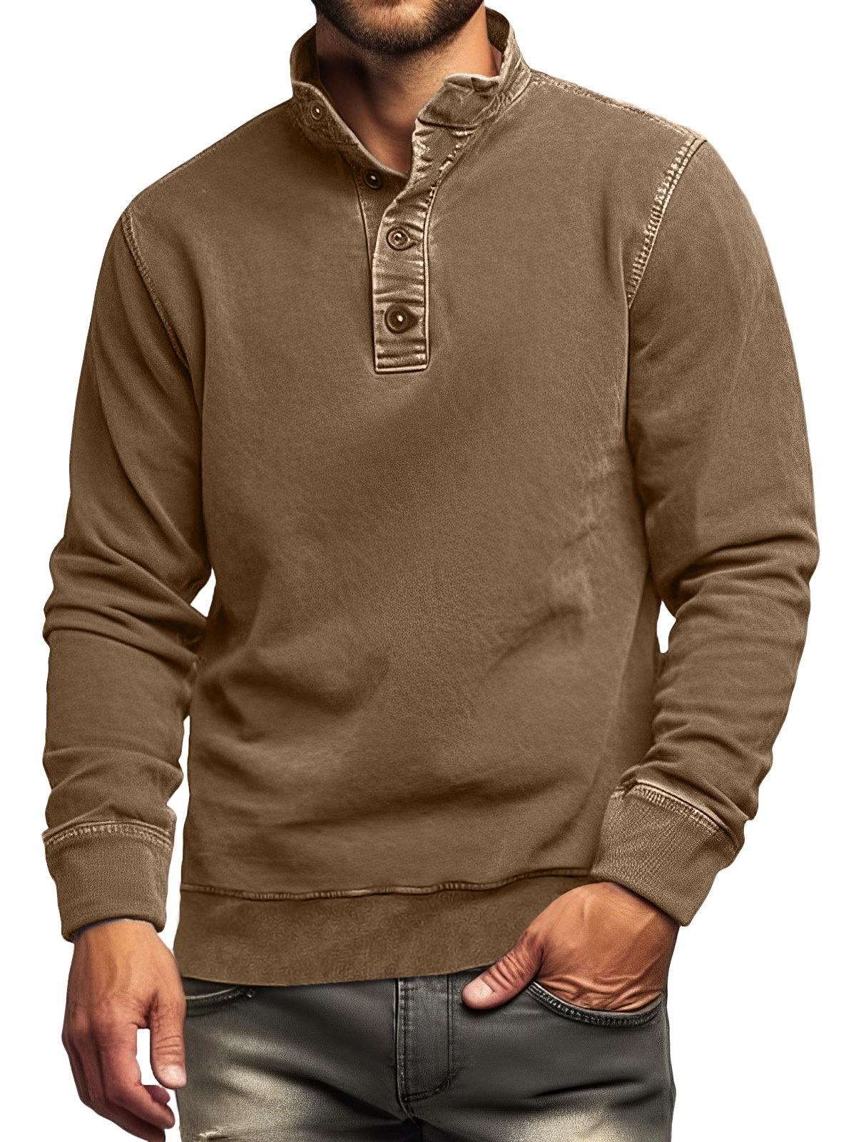 Men's Retro Casual Stand Collar Button Solid Color Sweatshirt