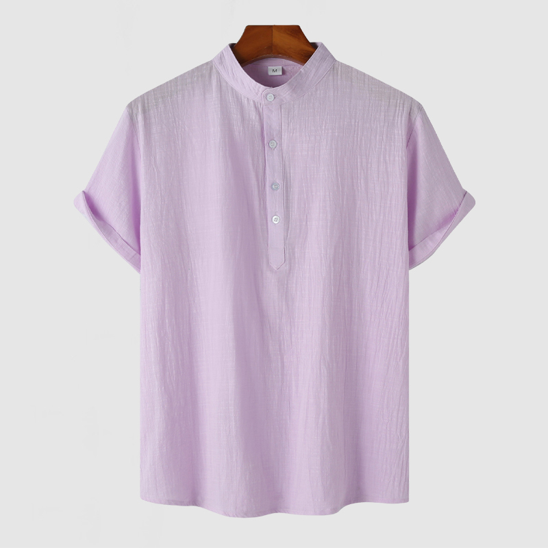 Men's Stand Collar Cotton Linen Short Sleeve Shirt