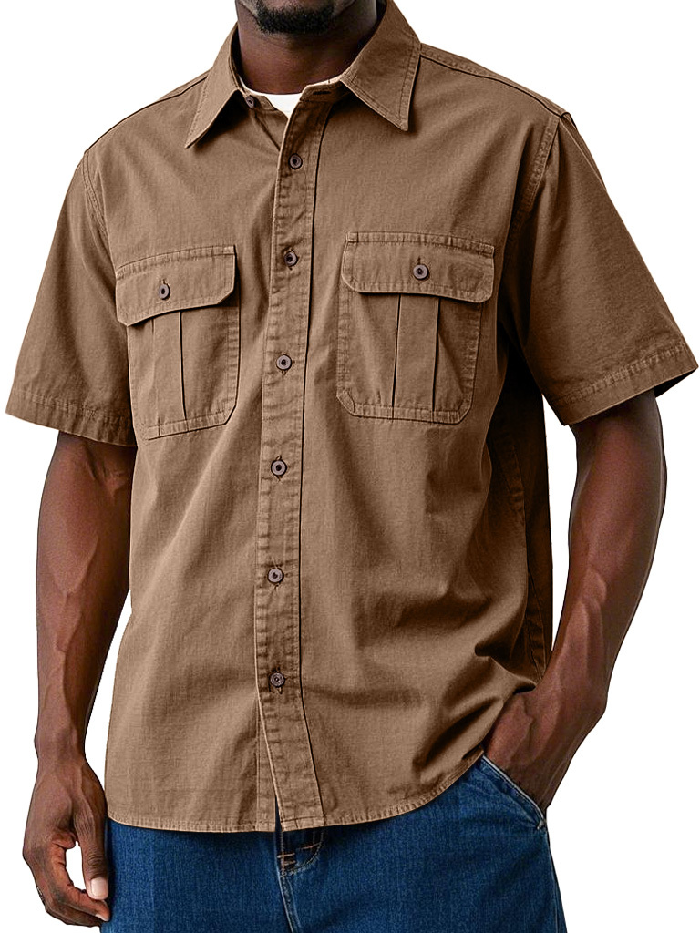 Men's Casual Workwear Double Pocket Solid Color Short-sleeved Shirt