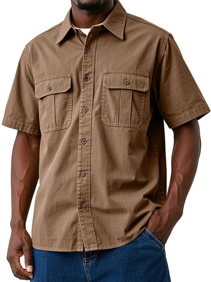 Men's Casual Workwear Double Pocket Solid Color Short-sleeved Shirt