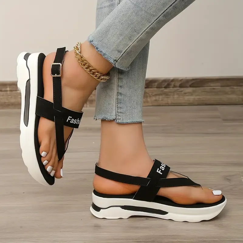 🔥Last Day Promotion 70% OFF🔥Women's Platform Thong Sandals - Solid Color Letter Buckle Strap Slingback Shoes - Outdoor Summer Sandals