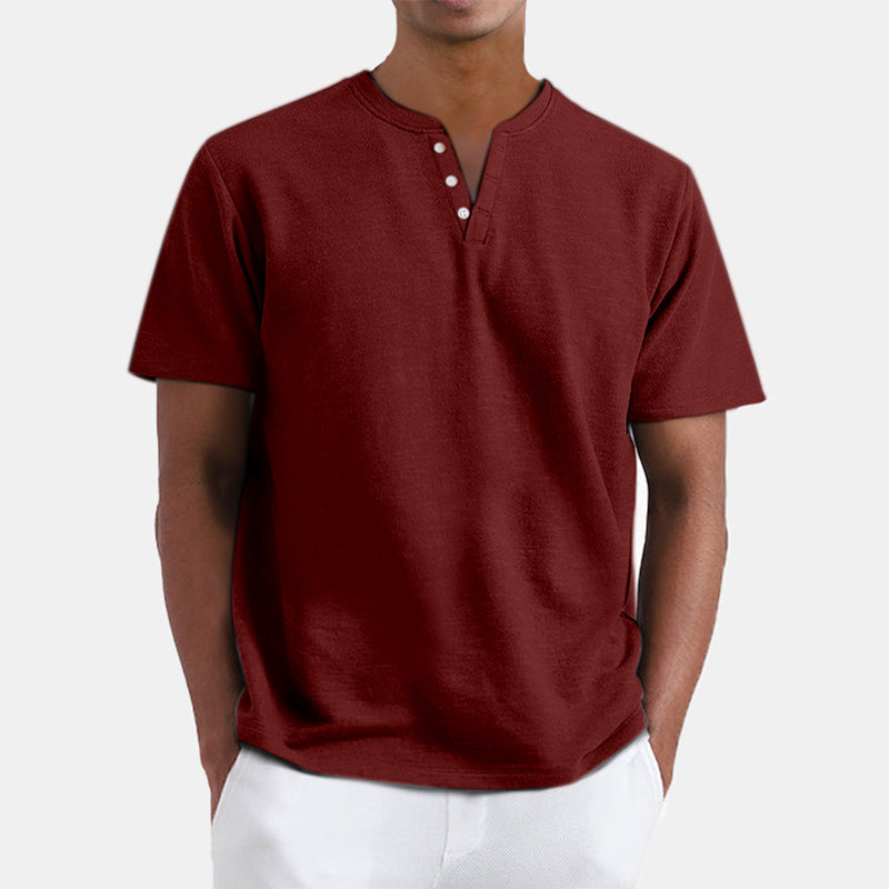 Men's Summer Solid Color Henley Short Sleeve T-shirt