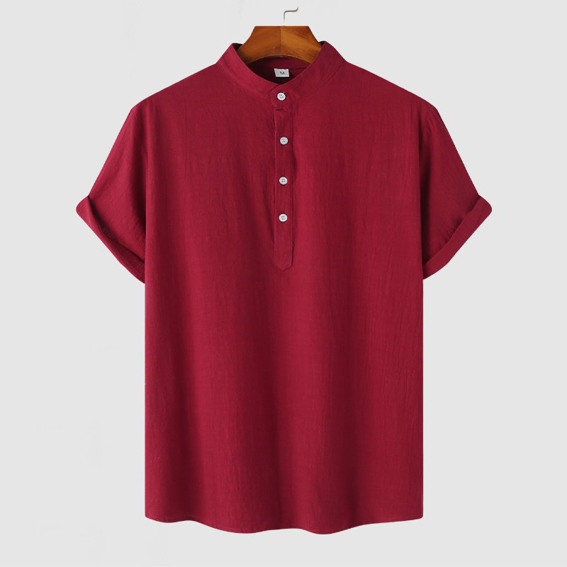 Men's Stand Collar Cotton Linen Short Sleeve Shirt