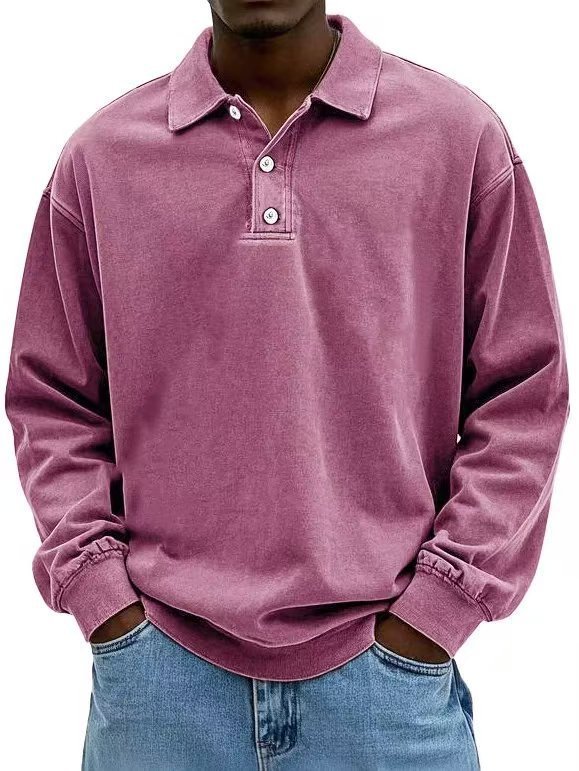 Men's Retro Washed Distressed Cotton Lapel Long Sleeve Polo Shirt