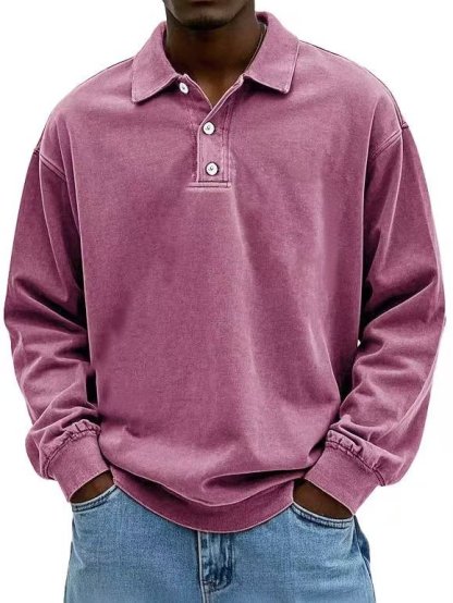 Men's Retro Washed Distressed Cotton Lapel Long Sleeve Polo Shirt