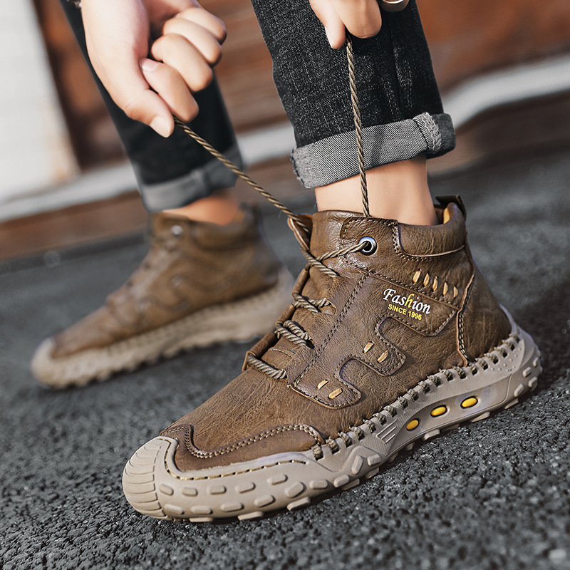 Men's Brown Faux Leather Outdoor Hiking Boots with Handcrafted Stitching, Lace-Up Design, and Non-Slip Sole - Durable and Comfortable Adventure Footwear