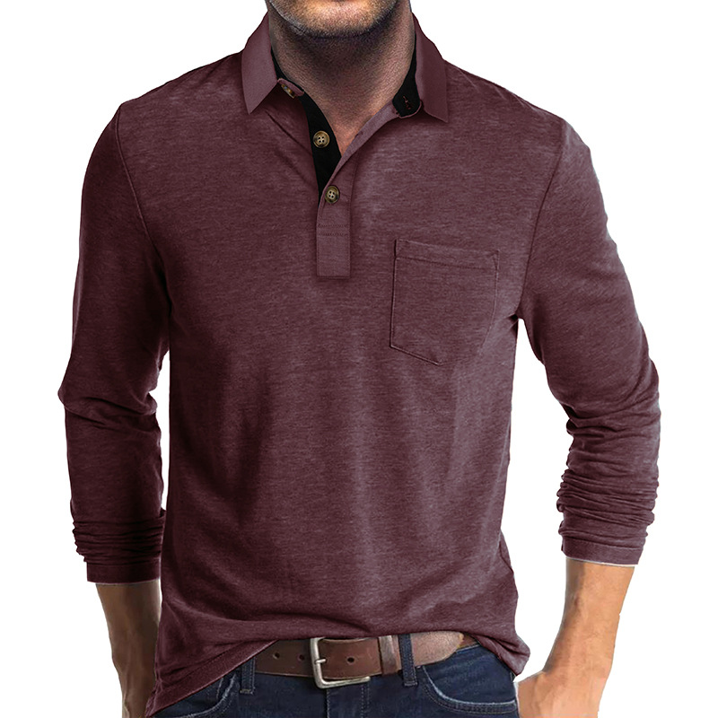 Men's Casual Polo Shirts Classic Button Basic Long Sleeve Shirt Solid Color Cotton Tees Stylish Tops