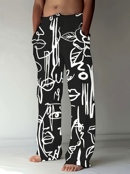 Men's Trousers Summer Pants Beach Pants Elastic Drawstring Design Front Pocket Straight Leg Graphic Prints Graffiti Comfort Soft Casual Daily Fashion Designer Black White