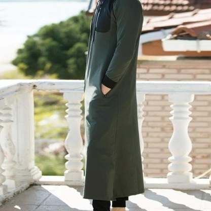 Men's Long Sleeve Hooded Drawstring Long Sweatshirt Vintage Zipper Pockets Robe Man