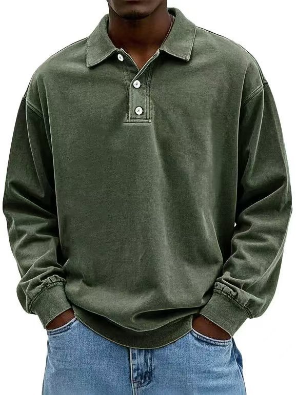 Men's Retro Washed Distressed Cotton Lapel Long Sleeve Polo Shirt