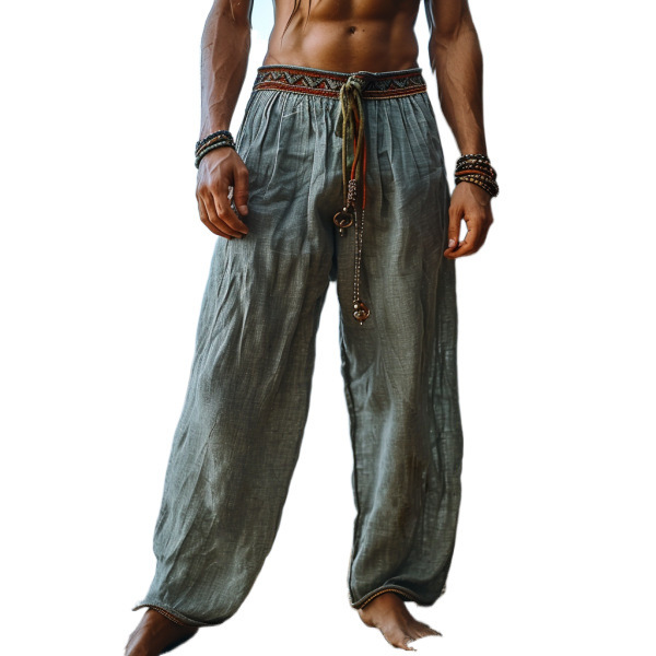 Men's Linen Pants Trousers Summer Pants Baggy Pants Buttons Drawstring Elastic Waist Plain Comfort Breathable Full Length Outdoor Yoga Gym Designer Retro Vintage
