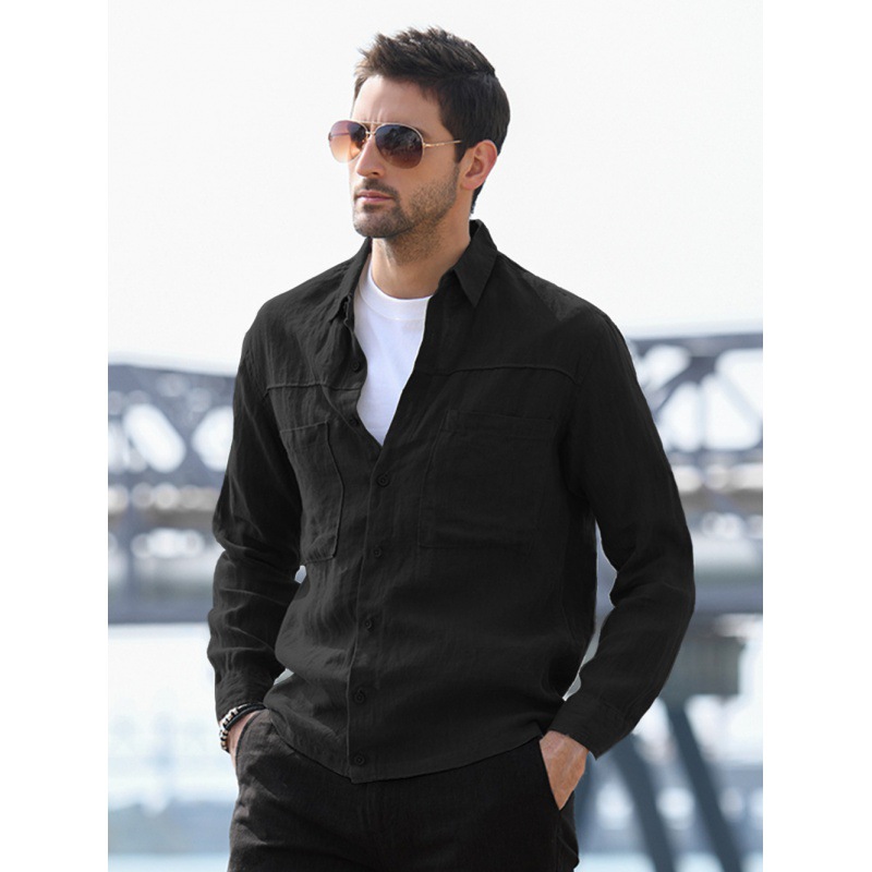 Men's Solid Color Shirt with Double Pockets and Lapel
