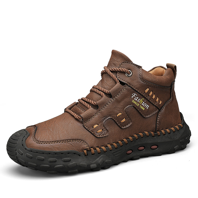 Men's Brown Faux Leather Outdoor Hiking Boots with Handcrafted Stitching, Lace-Up Design, and Non-Slip Sole - Durable and Comfortable Adventure Footwear